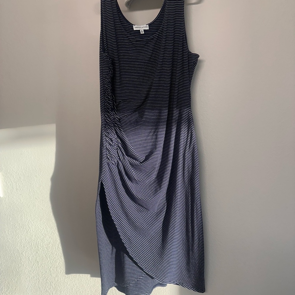Gibson Latimer Navy Striped Asymmetrical Dress
